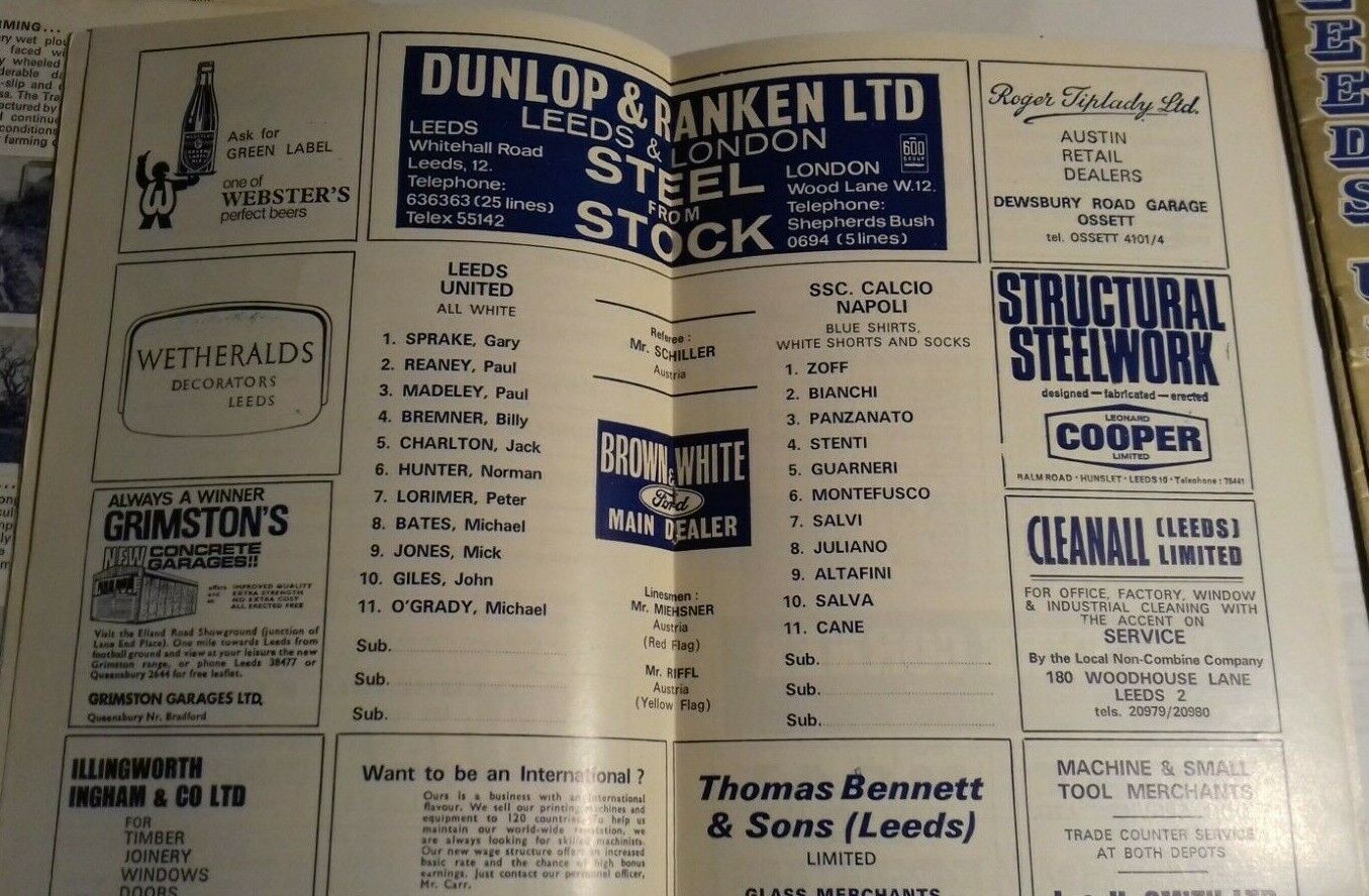 Leeds Utd v Napoli Inter Cities Fairs Cup 2nd Round 1st Leg Used Match Programme 13/11/1968 Elland Road.