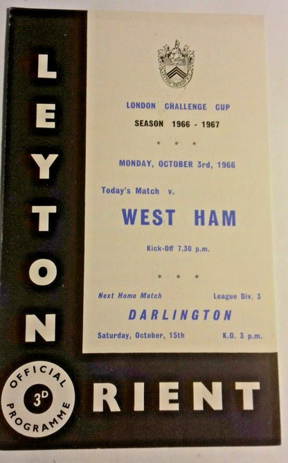 Leyton Orient v West Ham Utd London Challenge Cup Programme 3rd October 1966.