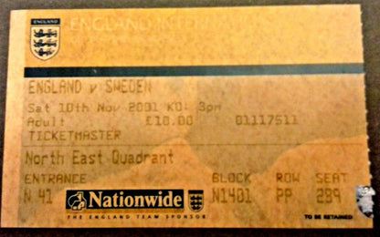 England v Sweden Used  Football Match Ticket Saturday 10th November 2001 Old Trafford Manchester.