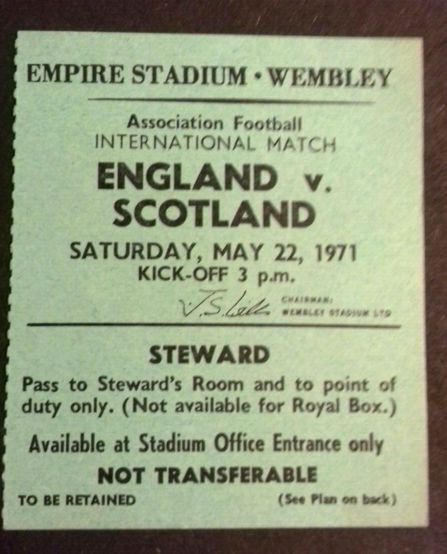 England v Scotland International Match Stewards Ticket Saturday  May  22nd 1971.