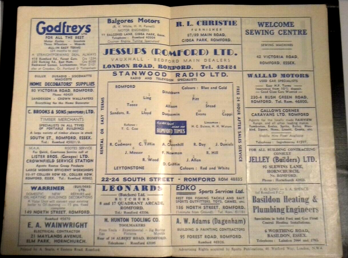 Romford v Leytonstone Match Programme F.A. Cup 2nd Qualifying Round 23/9/1961.