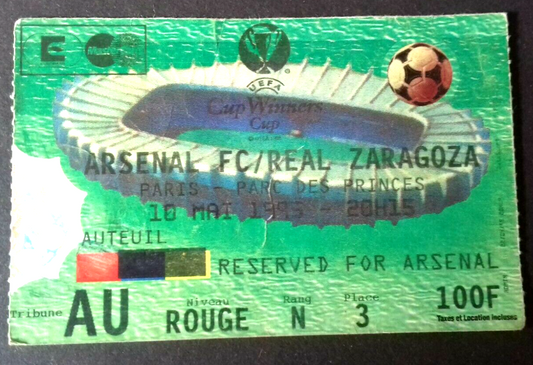 Arsenal v Real Zaragoza UEFA Cup Final Used Ticket 10/5/1995. Parc Des Princes Paris