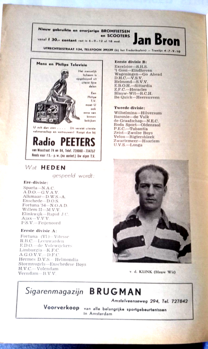 Blauw Wit v R.C.H. Match Programme Eerste Divisie B  28th August 1960.