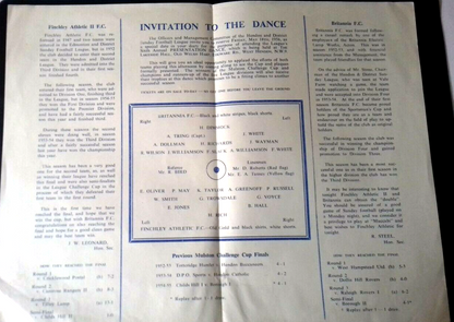 Britannia F.C. v Finchley Athletic II Mulston Challenge Cup Final Mon. 30/4/1956