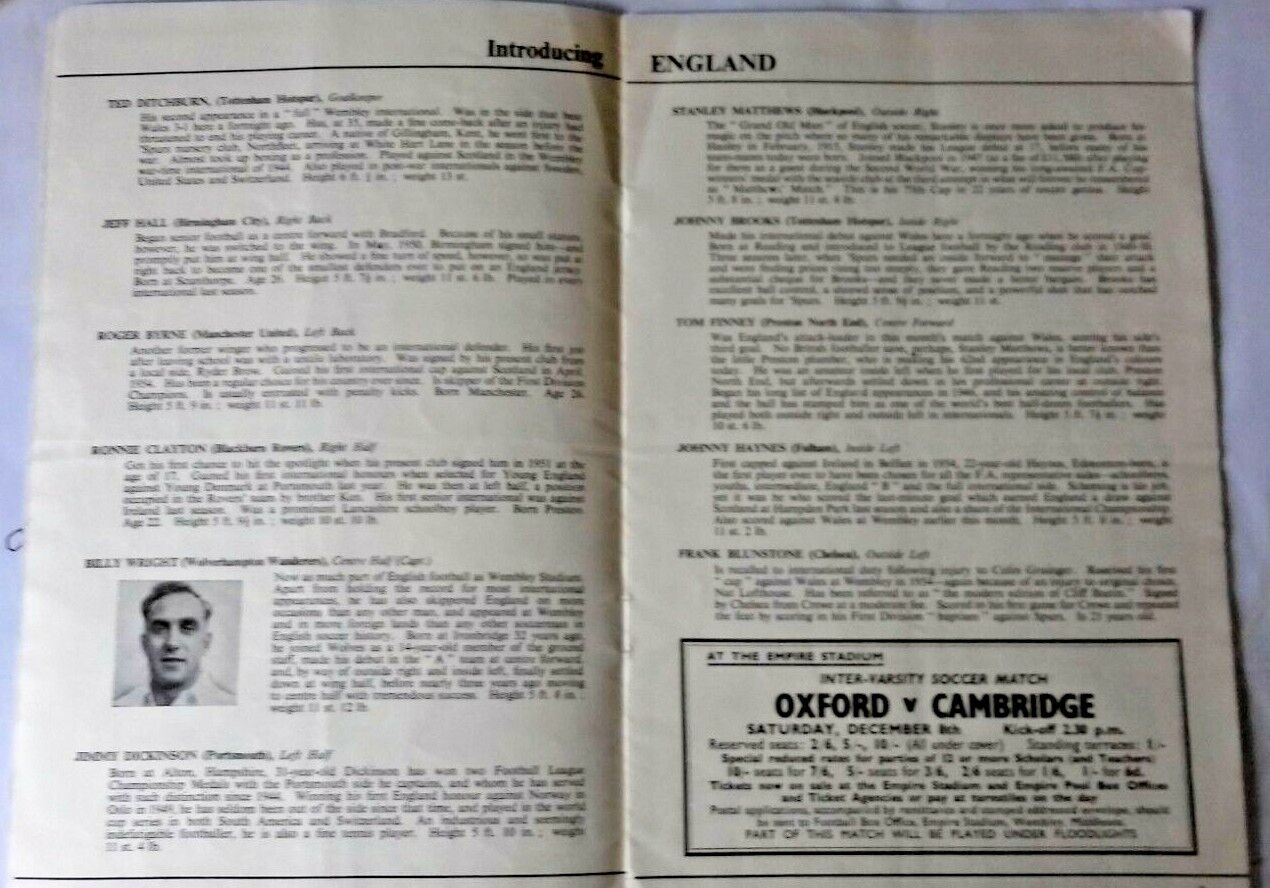 England v Yugoslavia Match Programme Wednesday Nov 28th 1956 Wembley Stadium