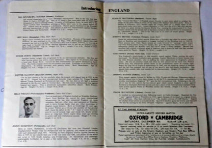 England v Yugoslavia Match Programme Wednesday Nov 28th 1956 Wembley Stadium