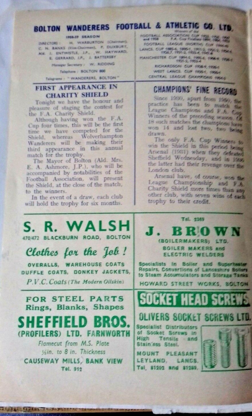 Bolton Wanderers v Wolverhampton Wanderers Charity Shield Programme 6/10/1958.