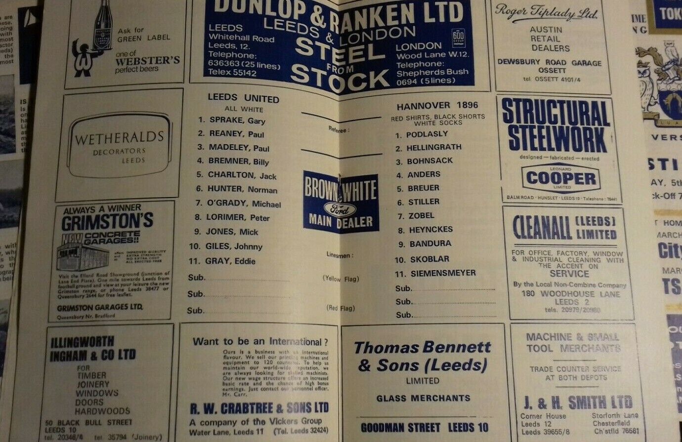 Leeds Utd v Hannover 1896 Inter Cities Fairs Cup 3rd Round 1st Leg Used Match Programme 18/12/68 Elland Rd.