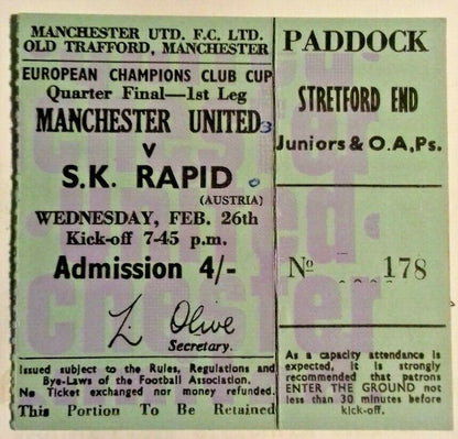 Manchester Utd v S.K. Rapid Ticket European Cup Q/F1st Leg 26/2/69 Old Trafford.