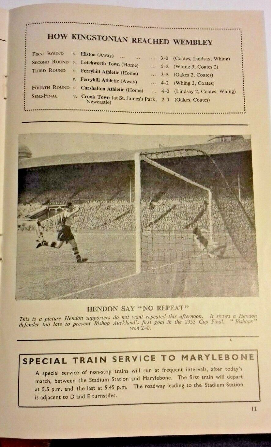 Hendon v Kingstonian F.A. Amateur Cup Final Programme 23rd April 1960 Wembley.