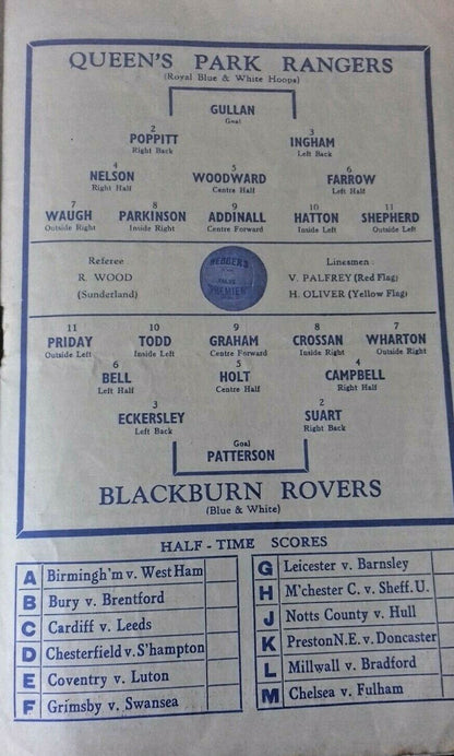 Queens Park Rangers v Blackburn Rovers Programme League Division 2 December 9th 1950.