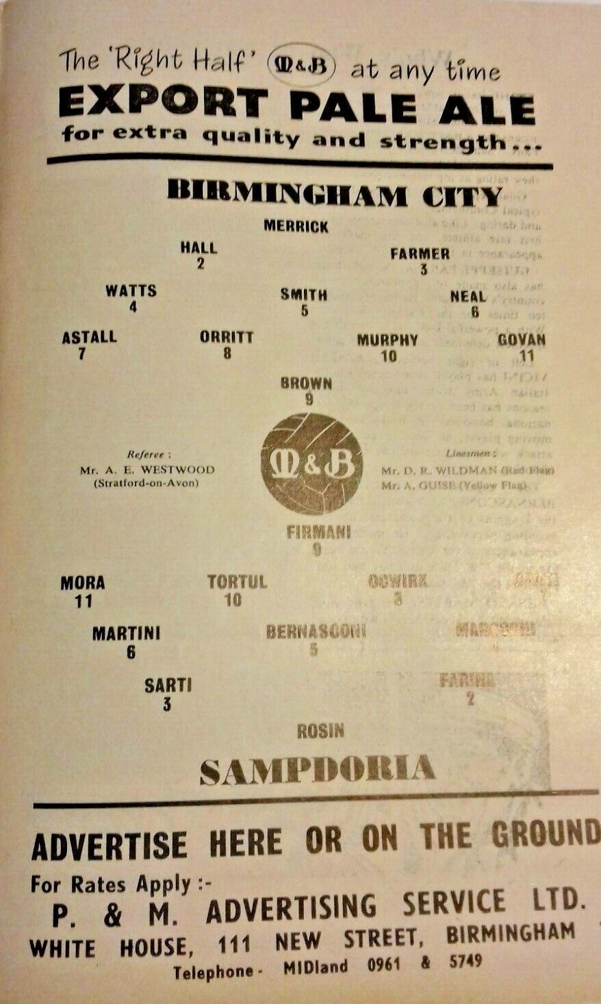 Birmingham City v Sampdoria Floodlit Friendly Used Football Programme 3/12/1957  St .Andrews.