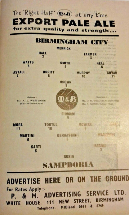 Birmingham City v Sampdoria Floodlit Friendly Used Football Programme 3/12/1957  St .Andrews.