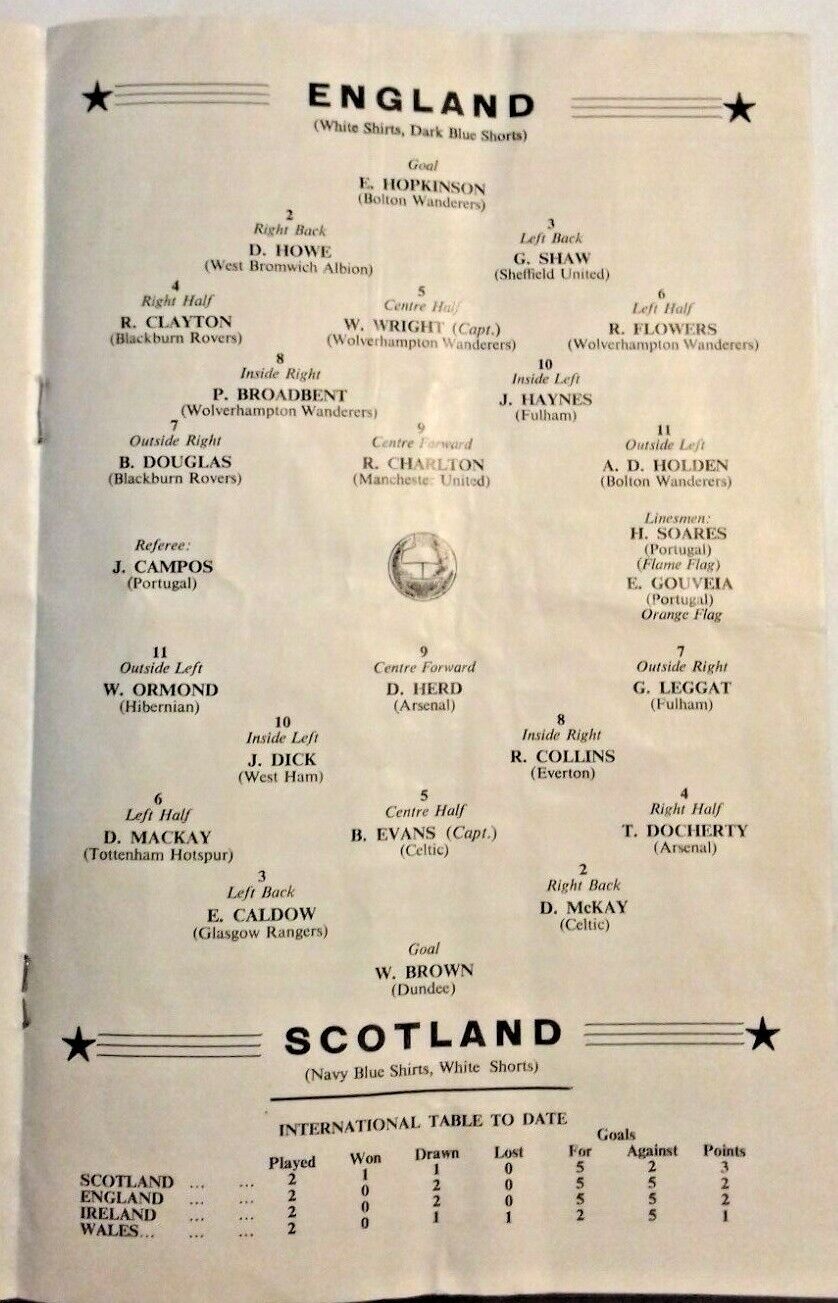 England v Scotland Match Programme + Songsheet 11/4/1959 Wembley Stadium.