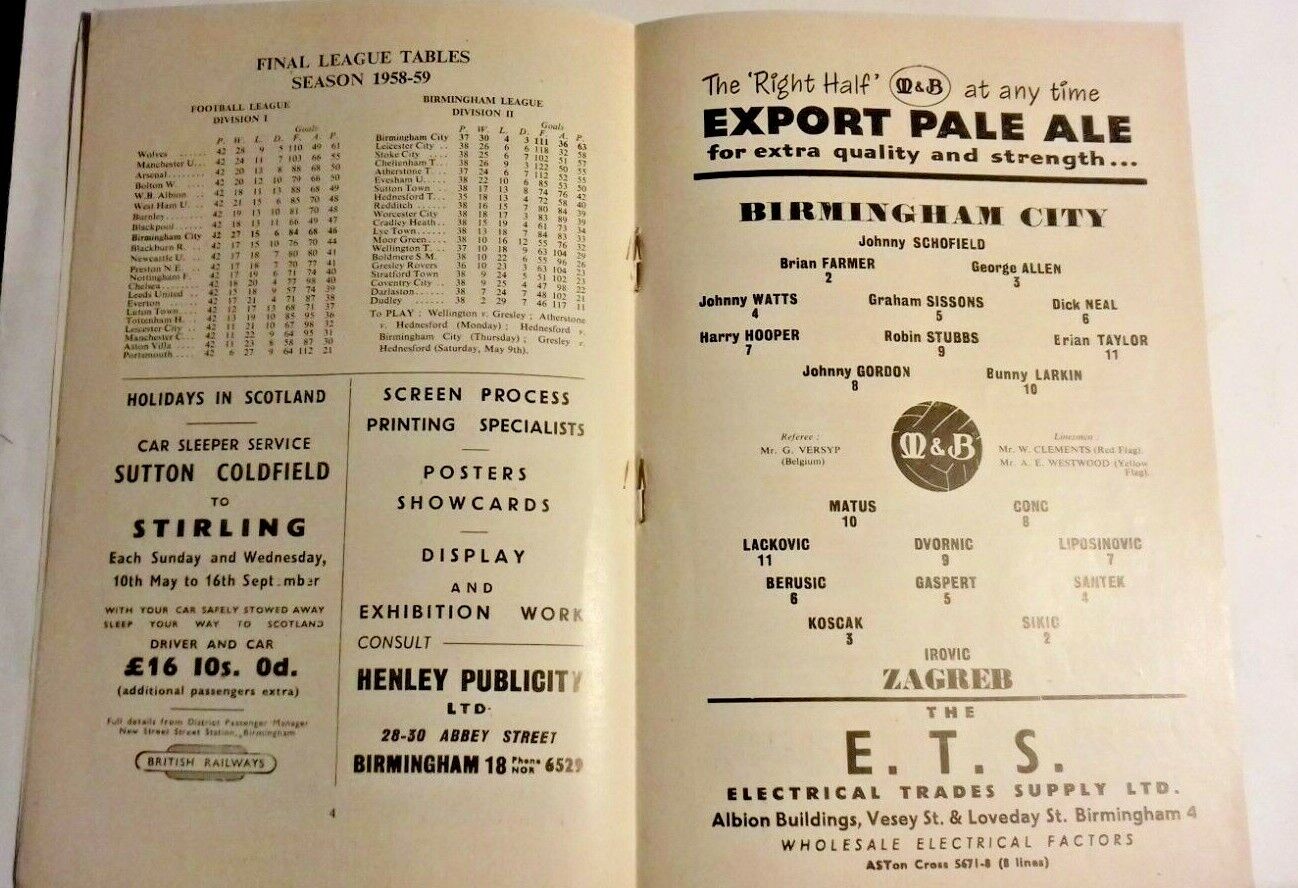 Birmingham City v RCD Espanol Programme 2nd Rnd. 2nd Leg 7/12/1961 St Andrews.