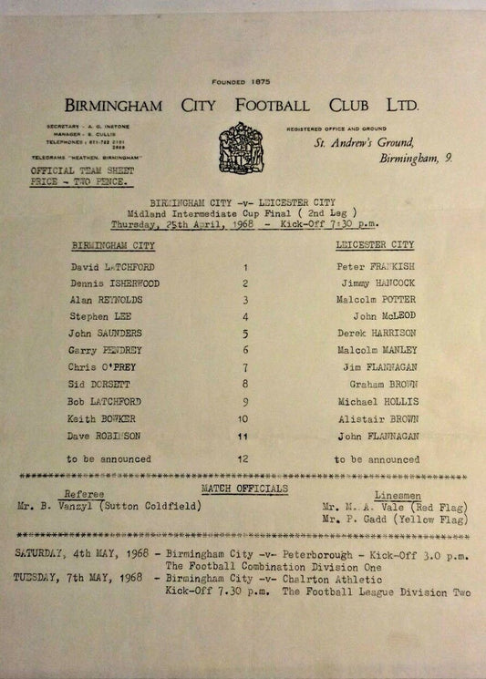 Birmingham City v Leicester City Single Sheet Used  Programme Midland Intermediate Cup Final 2nd. Leg 25/4/68