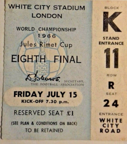 Uruguay v France World Cup Eighth Final Fri.15/7/66  Used Ticket White City Stadium.