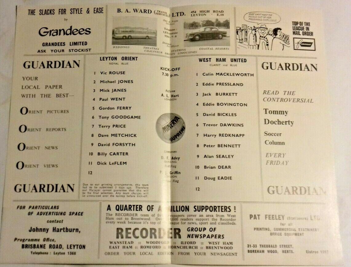 Leyton Orient v West Ham Utd London Challenge Cup Programme 3rd October 1966.