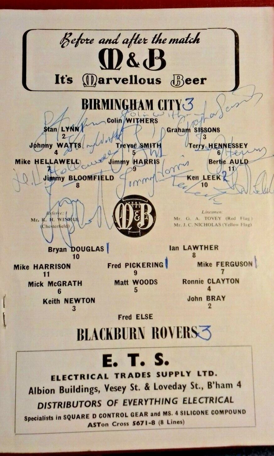 Birmingham City v Blackburn Rovers Used Programme Division1 Autographed Saturday 8/12/1962