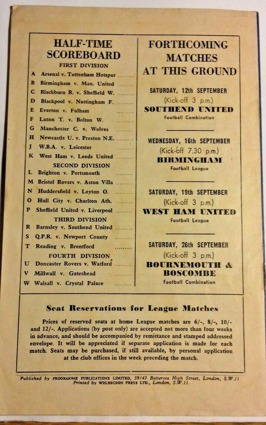 Chelsea v Burnley Football Match Programme Division 1 (Burnley Championship Season) 5/9/1959.