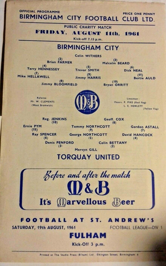 Birmingham City v Torquay Utd Public Charity Match 11th August 1961 St. Andrews.