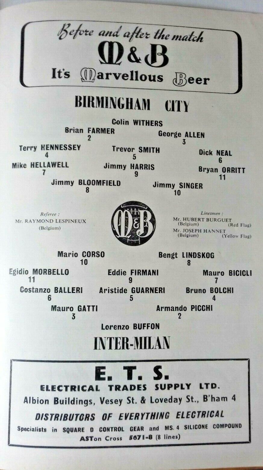 Birmingham City v Inter Milan Football Match Programme I.C.F.C. Semi - Final 2nd Leg 3rd May 1961.