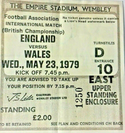 England v Wales Ticket Home International Championship 23/5/1979 Wembley.