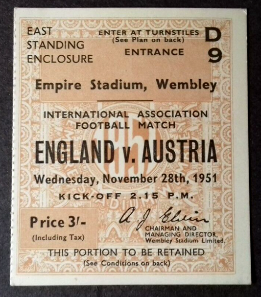 England v Austria Football Match Ticket Int. Wednesday Nov. 28th 1951 Wembley.