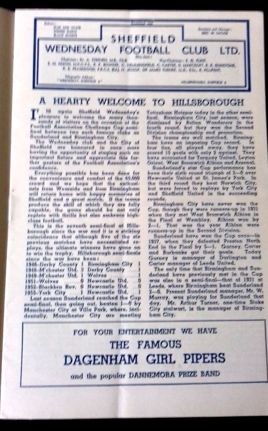 Sunderland v Birmingham City F.A. Cup Semi-Final Football Match Programme 17/3/1956 at Hillsborough