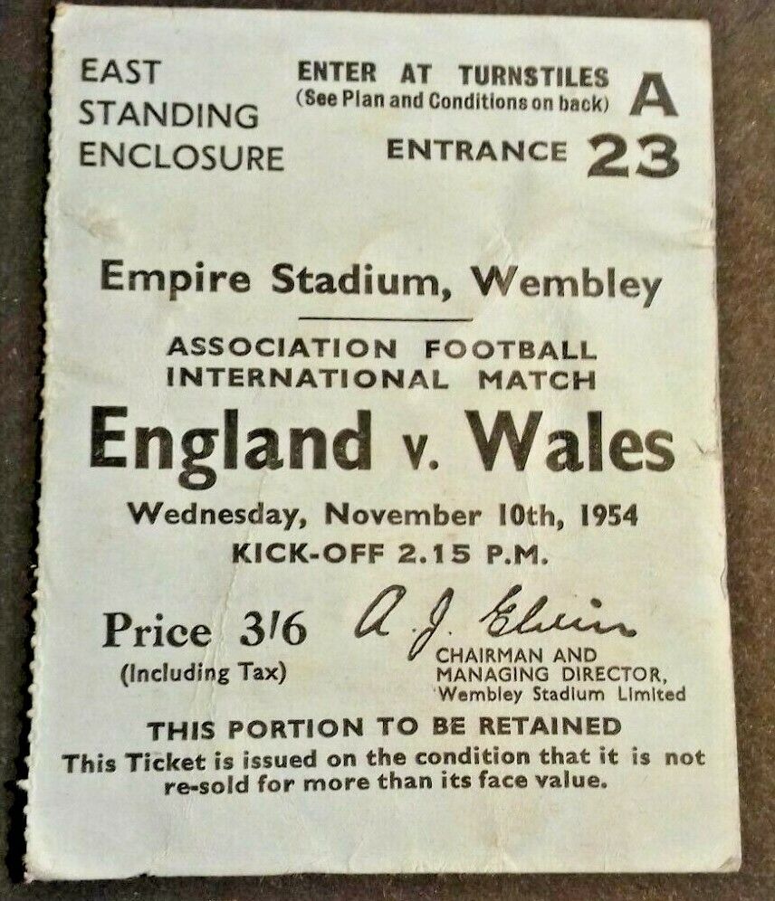 England v Wales Int. Vintage Football Match Ticket Wed. 10/11/1954 Wembley Stadium.