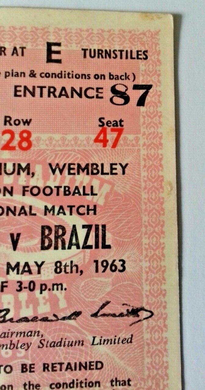 England v Brazil Int. Football Match Ticket Wednesday May 8th 1963 Wembley.