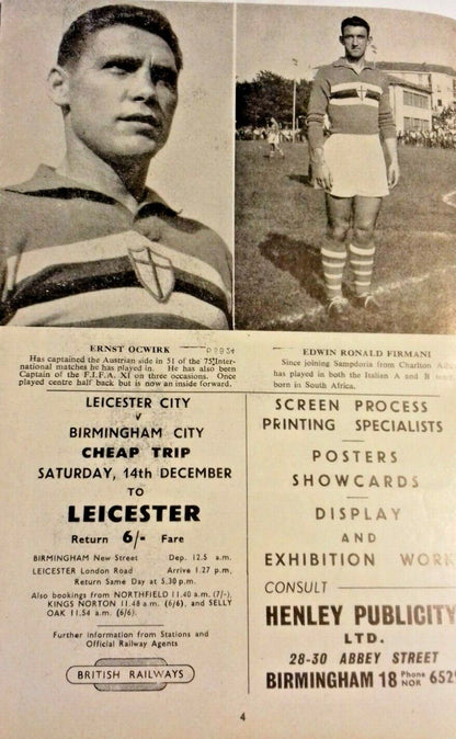 Birmingham City v Sampdoria Floodlit Friendly Used Football Programme 3/12/1957  St .Andrews.