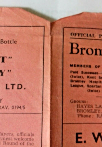 Bromley v Dulwich Hamlet F.A. Amateur Cup 1st Round Football Match Programme 13th January 1951.