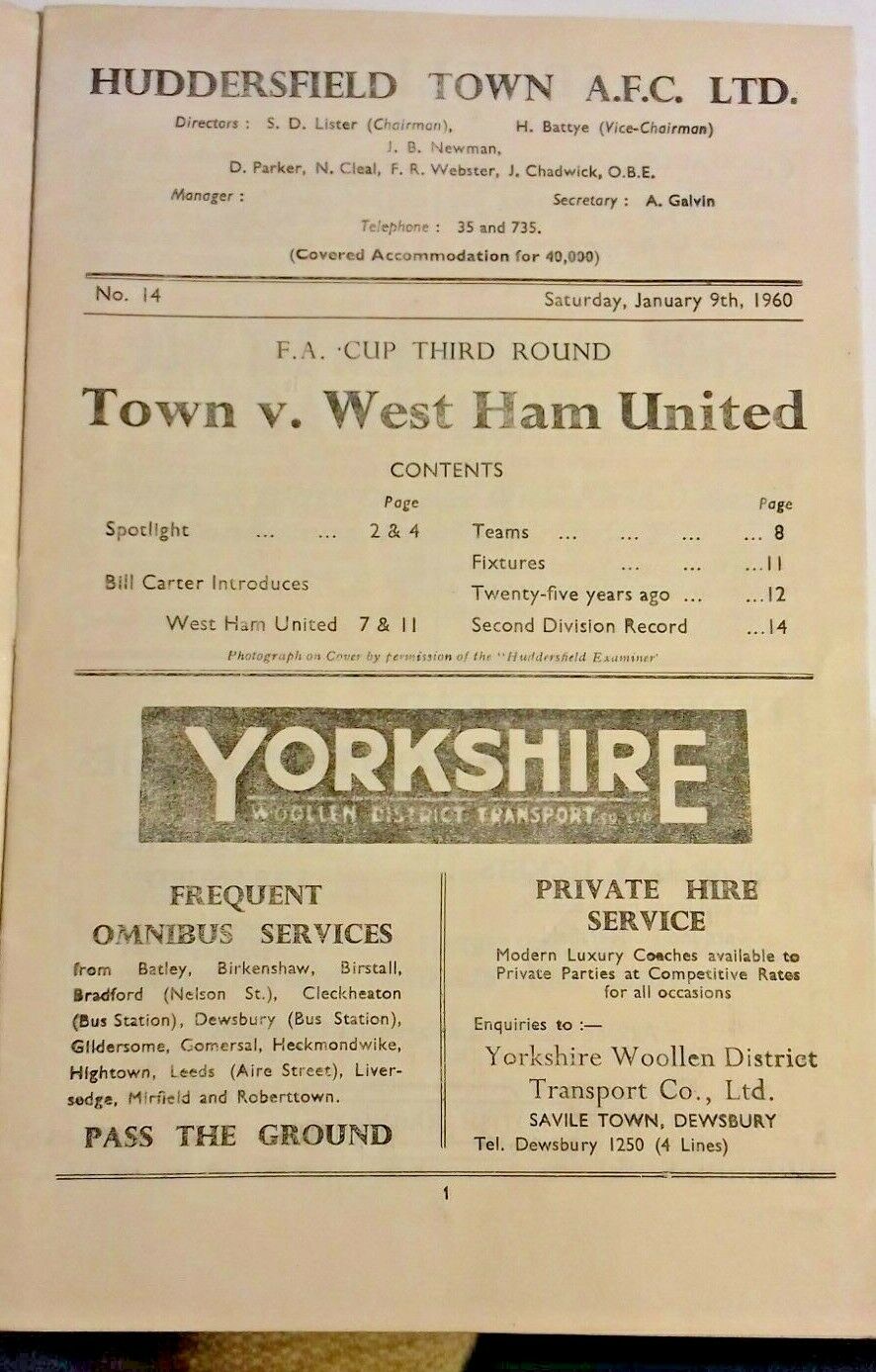 Huddersfield Town v West Ham Utd Programme F.A. Cup 3rd Round Sat. Jan. 9th 1960