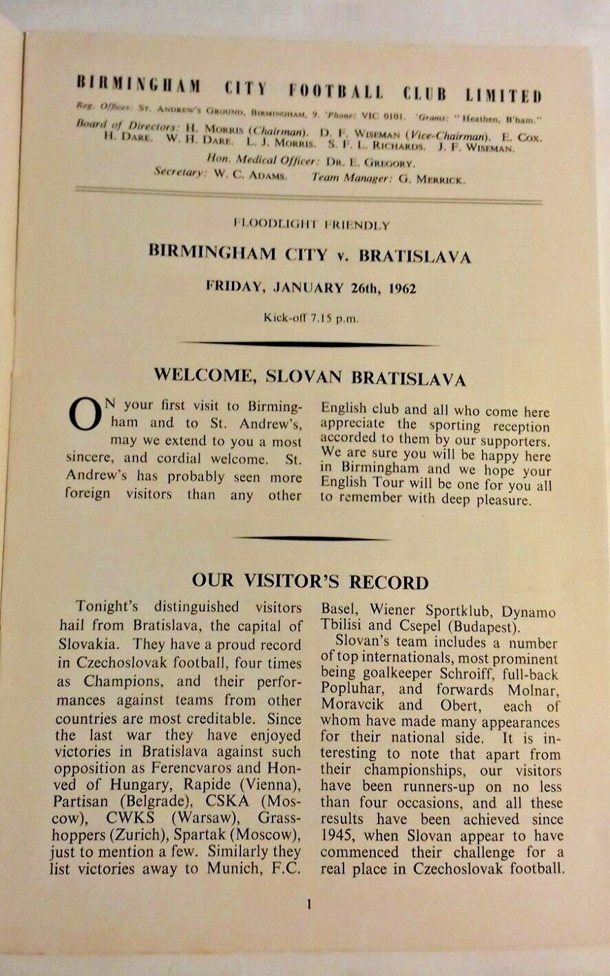 Birmingham City v Bratislava Programme Floodlit Friendly 26/1/1962 St Andrews.