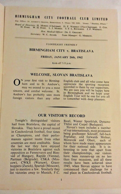 Birmingham City v Bratislava Programme Floodlit Friendly 26/1/1962 St Andrews.