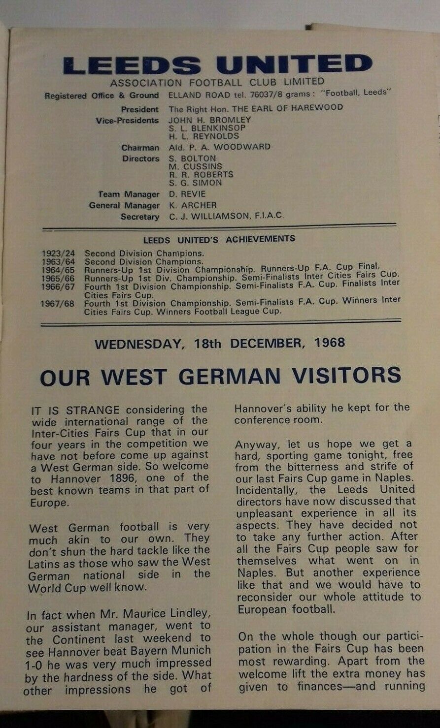 Leeds Utd v Hannover 1896 Inter Cities Fairs Cup 3rd Round 1st Leg Used Match Programme 18/12/68 Elland Rd.