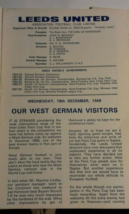 Leeds Utd v Hannover 1896 Inter Cities Fairs Cup 3rd Round 1st Leg Used Match Programme 18/12/68 Elland Rd.