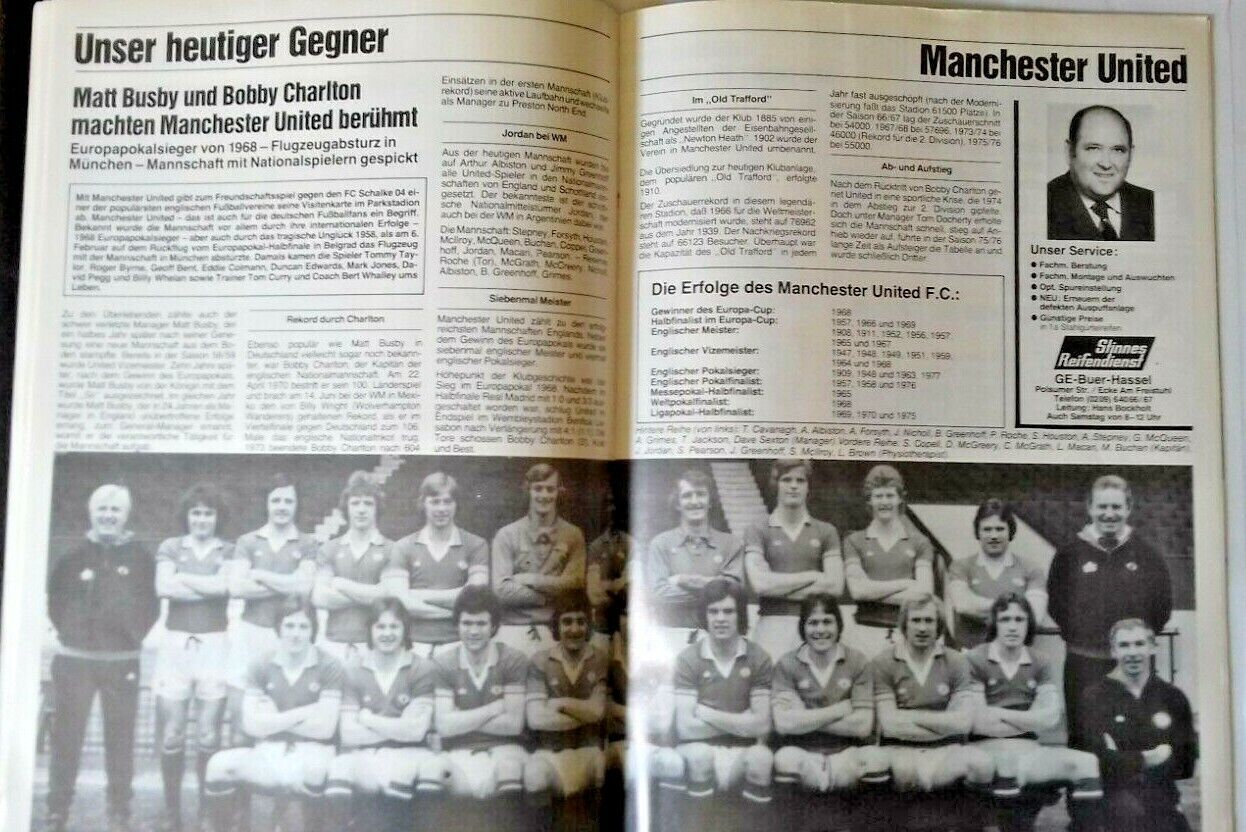 Schalke 04 v Manchester Utd Used Programme Friendly 1st August 1978.