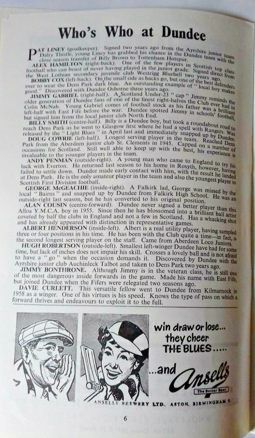 Birmingham City v Dundee Friendly Match Saturday 30th January 1960 St. Andrews.