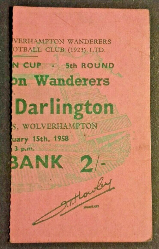 Wolverhampton Wanderers V Darlington Vintage Used Ticket F.A. Cup 5th Rnd. 15/2/1958.