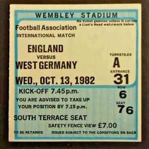 England v West Germany  Used Vintage Match Ticket Wednesday 13th October 1982 At Wembley Stadium